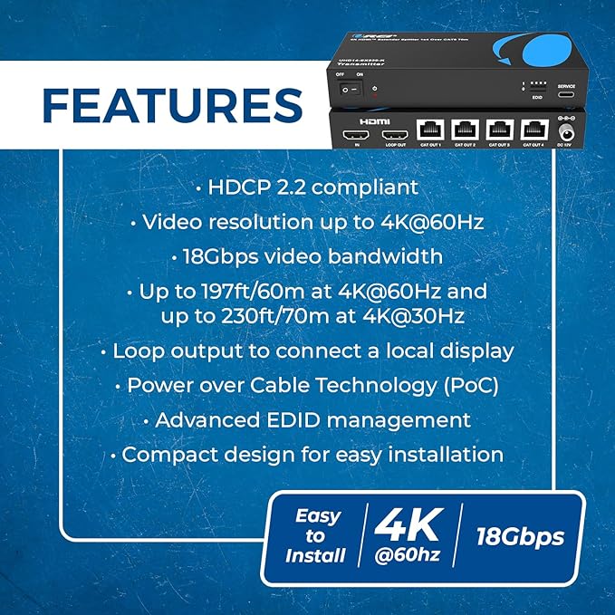 OREI 4K 1x4 HDMI Extender Splitter, Multiple Over Single Cable CAT6/7 4K@60Hz 4:4:4 HDCP 2.2 with EDID Management - Up to 230 Ft - Loop Out - Low Latency
