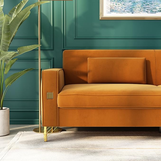 85.63" Velvet Sofa,Modern Loveseat Couch with Pillows Set of 2 for Living Room,Bedroom,Apartment Furniture with Gold Metal Legs (Orange)