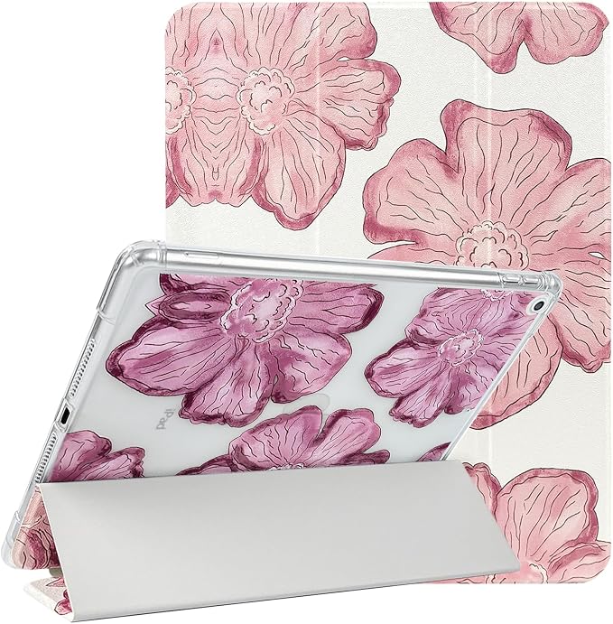 Lovmooful for iPad 9/8/7 Gen Case with Pencil Holder Cute-Bear Flower | Fit for iPad 9/8/7 (10.2-Inch2021/2020/2019 Model9th/8th/7th Generation)Soft TPUTrifold StandProtectiveGirly