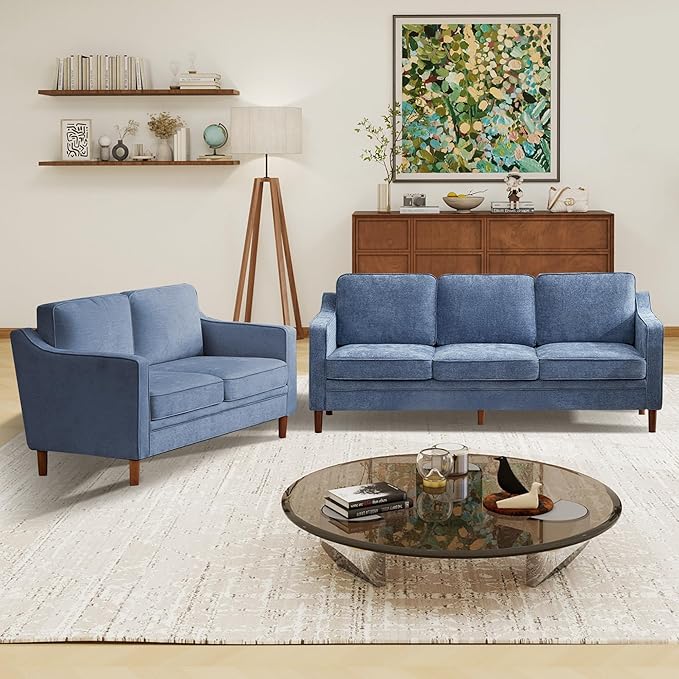 Kingfun Living Room Furniture Sets, 3 Seater Couch and Loveseat, Mid Century Modern Sofa Set, Chenille Couch with Solid Wood Frame for Living Room & Bedroom, Light Blue