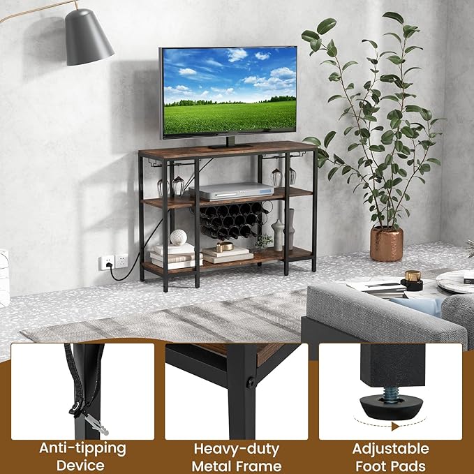 COSTWAY Wine Bar Cabinet, 3-Tier Home Mini Bar for Liquor w/Power Outlets, Glass Holder, Wine Rack, Anti-Tipping Kit, Metal Coffee Bar Table for Home Apartment Kitchen Living Room Pub (Brown)