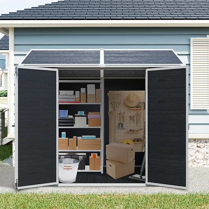 8' x 6' Resin Storage Shed Outdoor, PP Material & Strong Structure for All Weather, Plastic Garden Shed w/Window for Garden, Backyard, Poolside and Lawn, 15mm Thick PP Board - Dark Grey