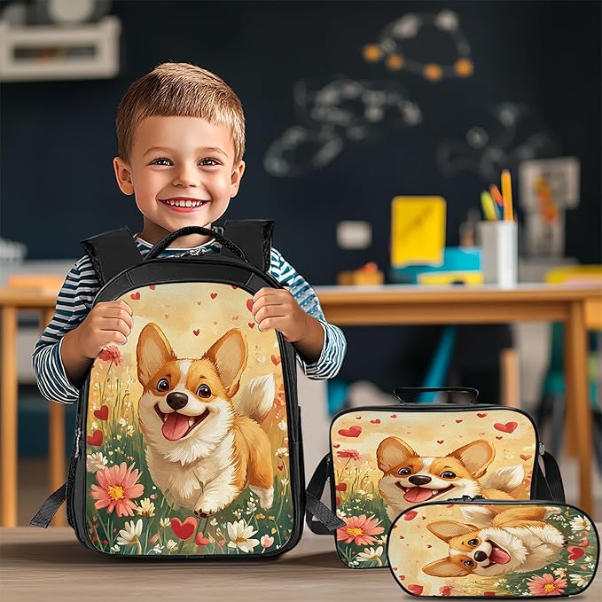 Cute Corgi Backpack Set 3 Piece School Bags and Lunch Box with Pencil Case Funny Dog Animal Bookbag Set for Toddler Kids Girls Boys Teens Kindergarten Elementary Middle