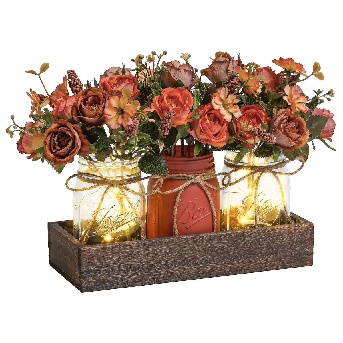 DUOER 3 Pcs Mason Jar Centerpiece Table Decorations for Dining Table Decor Farmhouse Coffee Table Decor with Wood Tray and Led Light Table Centerpieces for Dining room Kitchen Living Bathroom,Orange