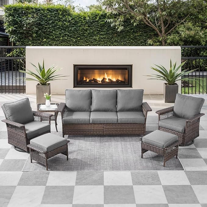 6 Pieces Wicker Patio Furniture Set - Hollow Widen Armrests Outdoor Swivel Glider Chairs and 3 Seat Sofa with Coffee Table & Ottomans for Balcony Porch Deck and Yard - Brown/Gray