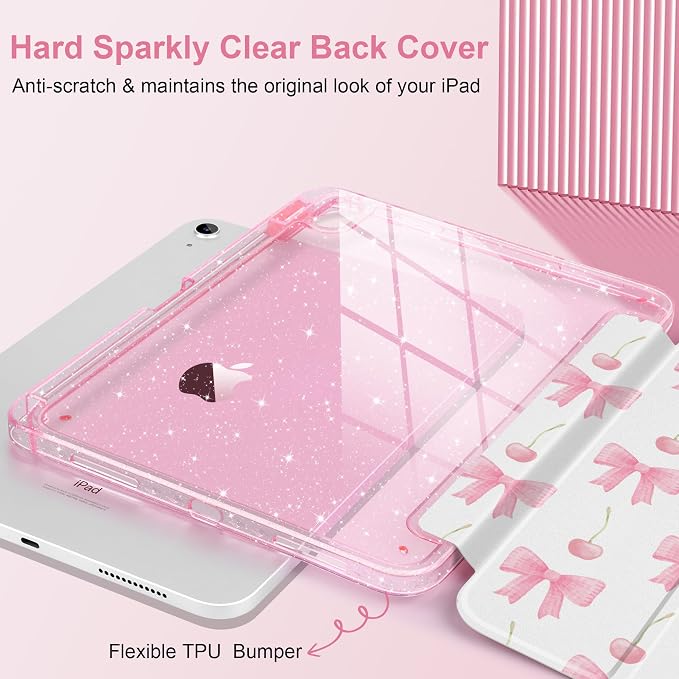 MEEgoodo Case for iPad A16 11th Generation 2025/10th Generation 2022 Glitter Tablet Cases with Transparent Acrylic Back+Trifold Stand +Pencil Holder+Auto Wake/SleepAbstract Sun &amp Palm Tree