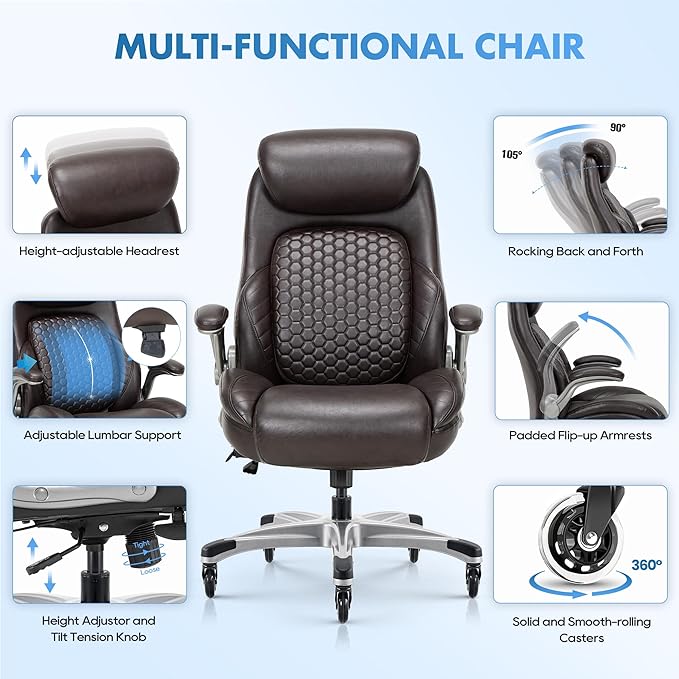 COLAMY Office Chair Ergonomic Desk High Back Executive Chair with Pop-Out Lumbar Support, Upgraded Casters, Adjustable Headrest, Flip-Up Arms, Leather Home with Thick Cushion for Comfort - Brown