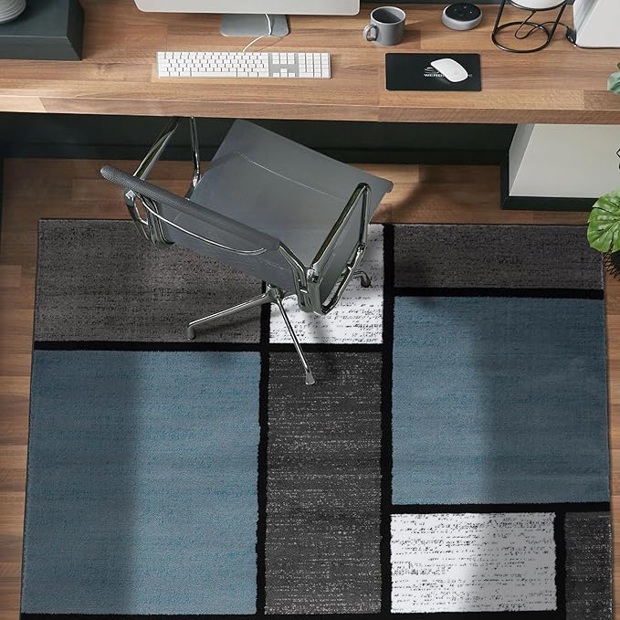 Rugshop Modern Geometric Boxes Blue Area Rug, Non-Shedding Carpet for Bedroom, Office, or Small Living Room, 4' x 6'
