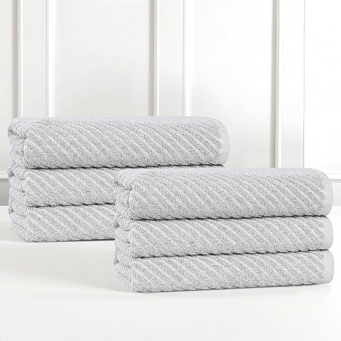 Superior Amelia Viscose Cotton Blend Medium Weight Towels, Kitchen, Bathroom, Shower, Plush, Quick Dry, Ultra-Soft Towels, Bath Essentials, Ribbed Design, Absorbent Hand Towels, Set of 6, Platinum