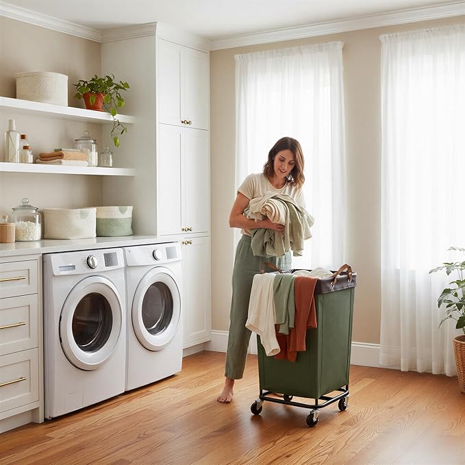 StorageWorks 160L Laundry Basket with Wheels, Large Rolling Hampers for Clothing Organizer, Dirty Clothes Basket for Hotel, Home, Closet, Dorm, Green