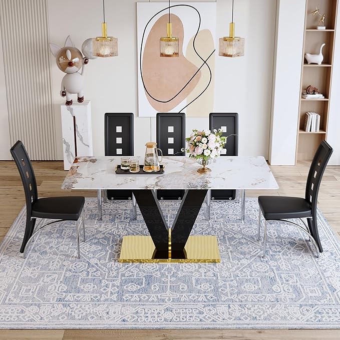 71'' Dining Table Set for 8,Rectangular Dining Room Table Set for 8,Marble Dining Table with 8 PU Leather Dining Chairs,Gold Dining Room Table with Glossy V-Shaped Base Ideal for Kitchen