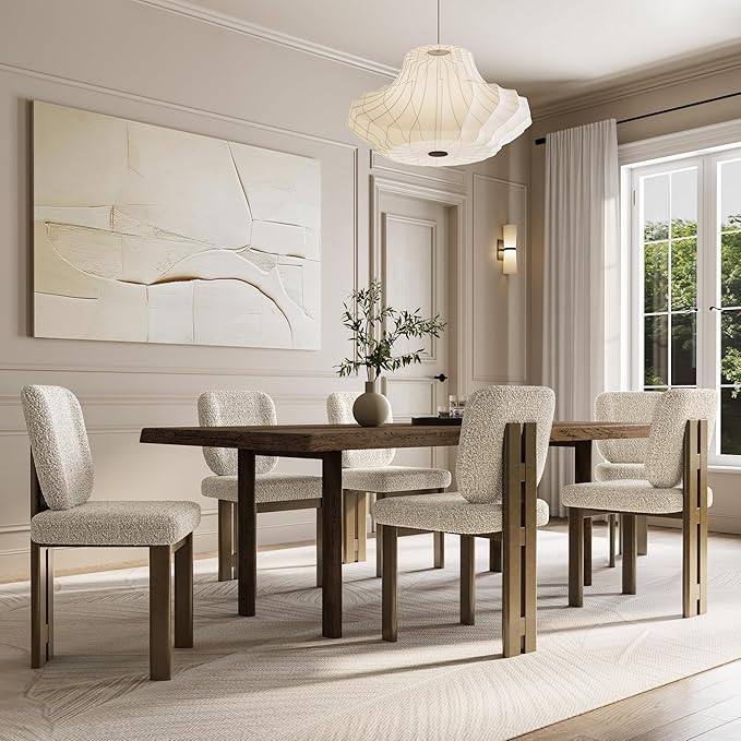 Modern Farmhouse Dining Chairs Set of 4, Boucle Upholstered Wooden Kitchen Chairs with Back, Walnut Wood Legs, Beige