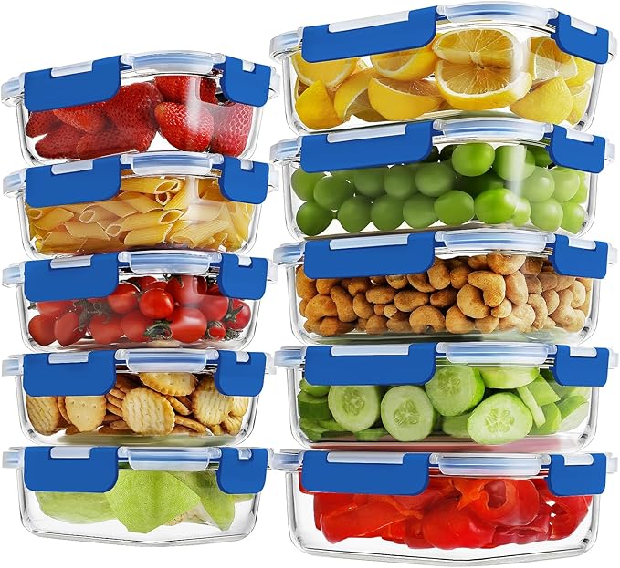 10 Pack Borosilicate Glass Meal Prep Containers with Locking Lids, Glass Food Storage Containers Set, Airtight Lunch Bento Boxes, BPA-Free & Leak Proof, 36oz & 14oz, Freezer, Oven Safe-Deep Blue