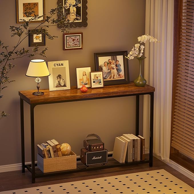 Console Table for Entryway, Narrow Entryway Table with Storage, Sofa Table with Mesh Shelves, Console Tables for Living Room, Bedroom, Hallway, Foyer (2 Tier, Rustic Brown, 47 inch)