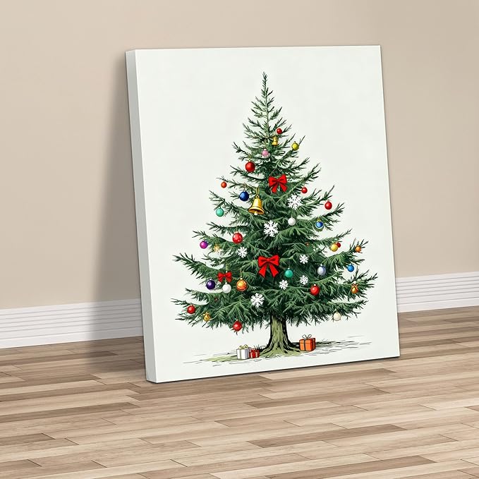Framed Christmas Pictures Wall Decor,Vintage Pine Tree Prints,Winter Christmas Canvas Wall Art Decoration for Bedroom Bathroom Living Room Rustic Xmas Holiday Gifts (Christmas Tree 8, 20'' X 32'')