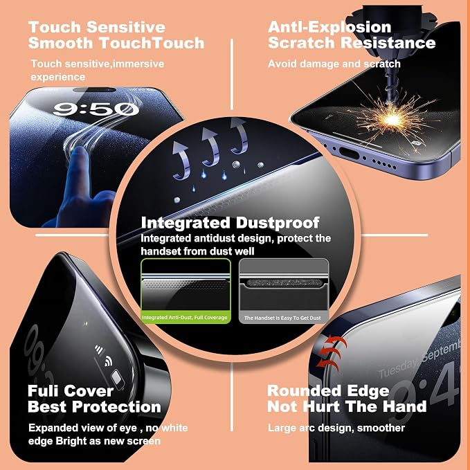 2 Pack Privacy Screen Protector for iPhone 16 Pro Max 25° Anti-Spy Tempered Glass 9H Hardness Anti-Fingerprint Auto-Alignment Bubble-Free Case Friendly