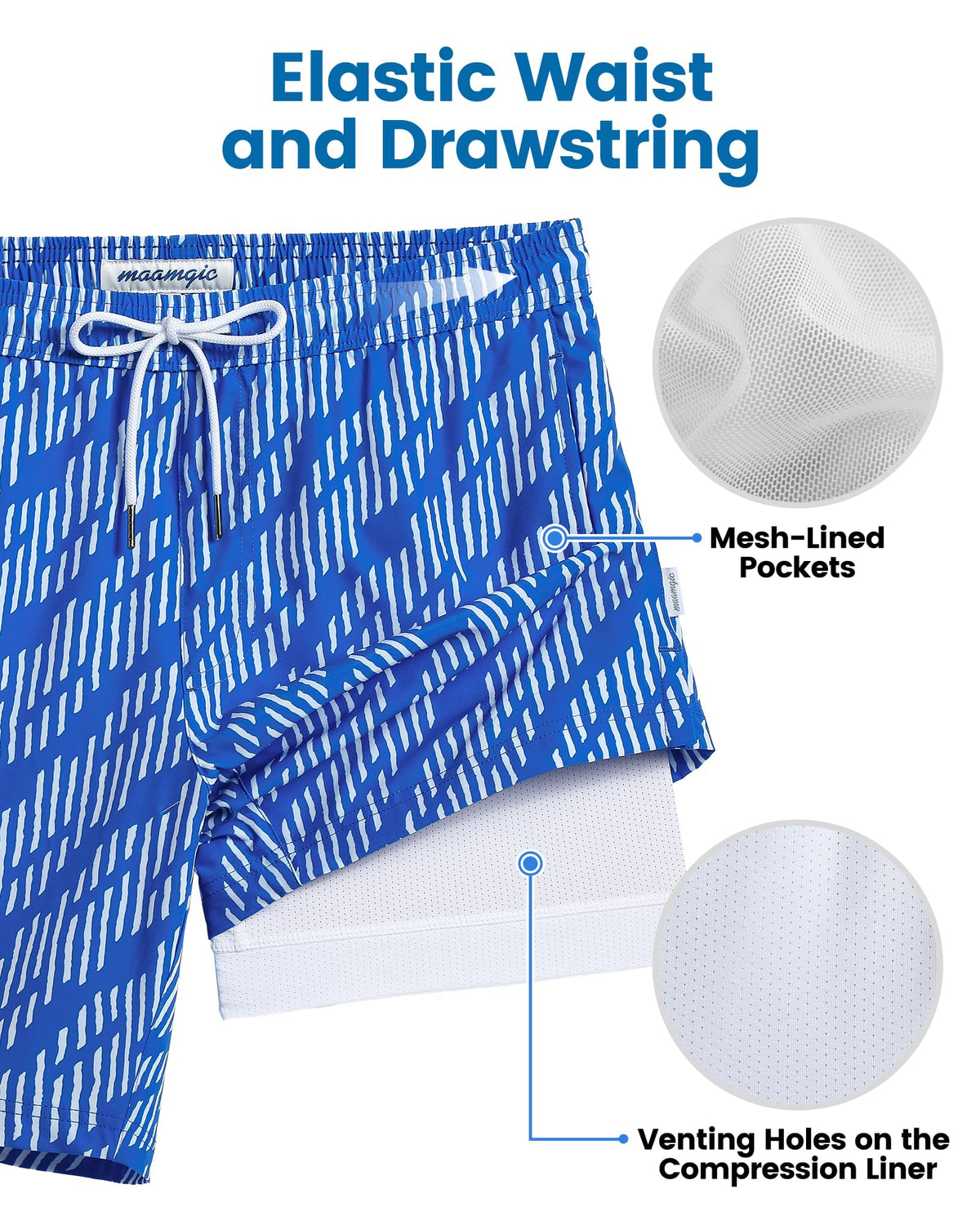 maamgic Mens Swim Trunks with Compression Liner 7 Inch Inseam Mens Bathing Suit Quick Dry Swimming Trunks Swimsuit Geometric Stripes Blue and White Large