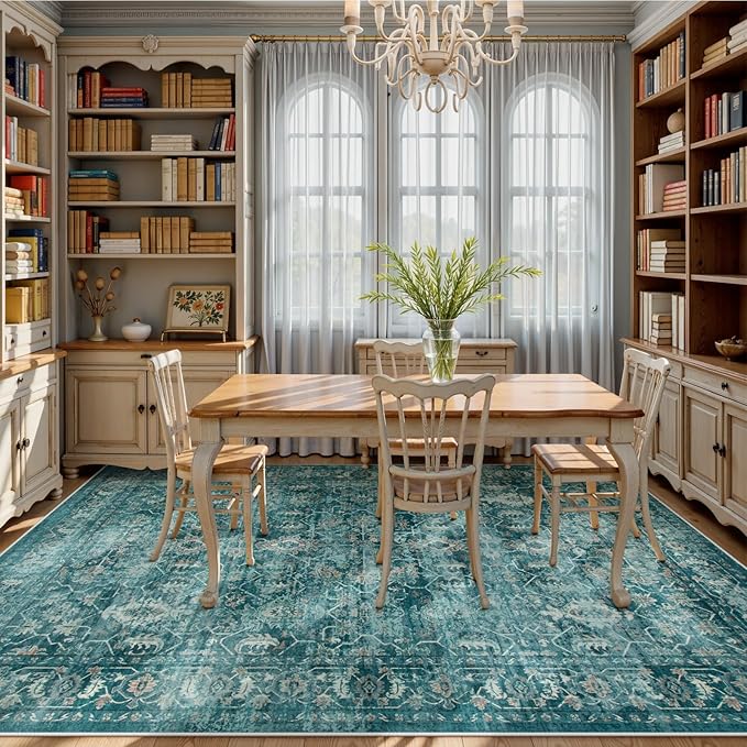 Lahome Vintage 9x12 Washable Blue Rugs for Living Room Bedroom, Boho Dining Room Rugs for Under Table, Soft Non Slip Indoor Throw Carpet for Home Office Playroom (9x12ft,Blue)