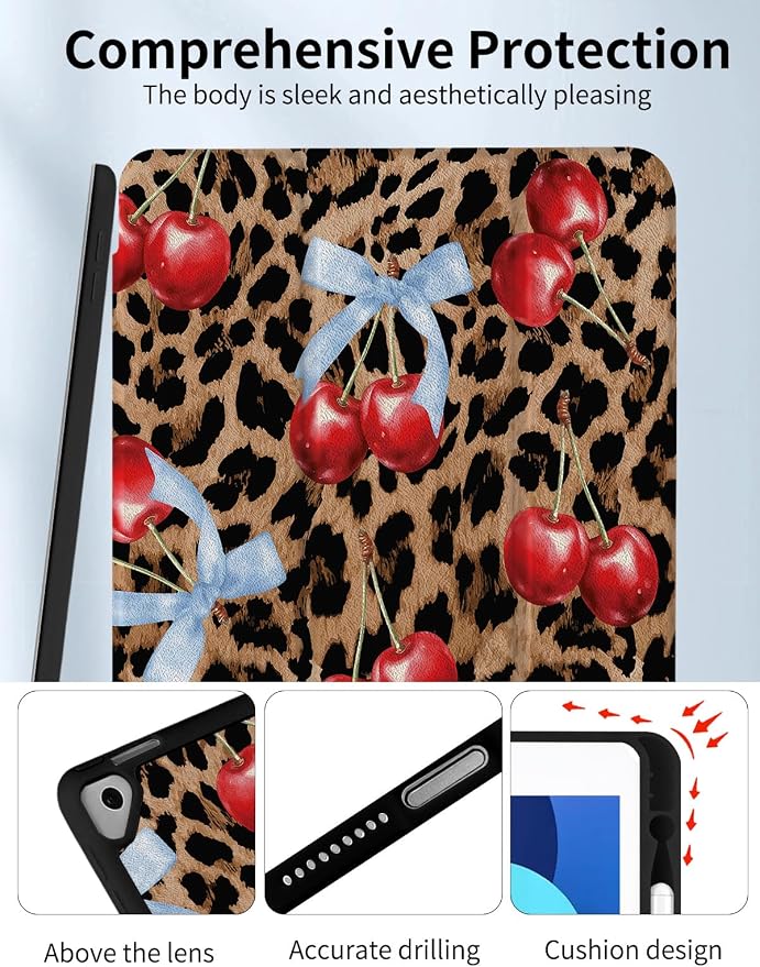 Case for iPad 9th/ 8th/ 7th Generation Case 10.2&amp10.5 Inch (2021/2020/2019 Release) Slim Lightweight Soft Trifold Back Cover with Pencil Holder &amp Auto Sleep/Wake Cover Cherries Cheetah Bows