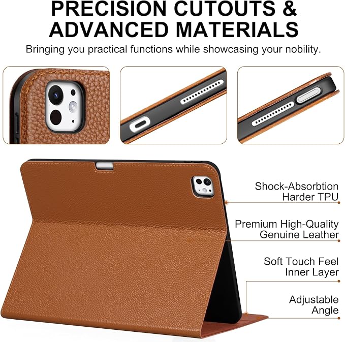 Genuine Leather Case for iPad 11th Gen 11/10th Gen 10.9 Black | Pencil Holder Adjustable Stand Auto Wake/Sleep Shockproof