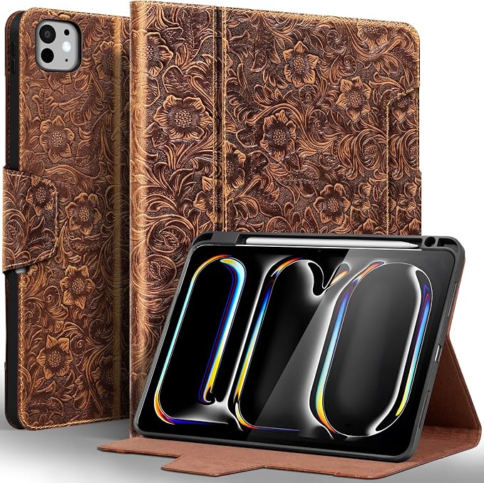 Gexmil Leather Case for iPad Pro 11 Inch M5/M4 2025/2024Crocodile Brown | Genuine Leather CoverPencil HolderMagnetic ClosureSmart Folio Auto Sleep/WakeProtectiveAdjustable Stand