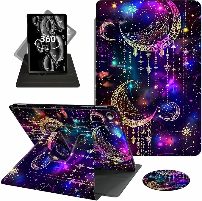 Case for Amazon Kindle Fire HD 8 Tablet &amp HD 8 Plus Tablet(12th Generation/10th Generation2024/2022/2020 Release)360 Degree Rotating Swivel Stand with Auto Wake/SleepPurple Glitter Moon