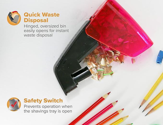Bostitch Office Battery Powered Pencil Sharpener, Portable, Hinged Tray, Colored Pencil Compatible, Fits In Backpack & Most Pencil Cases, Red