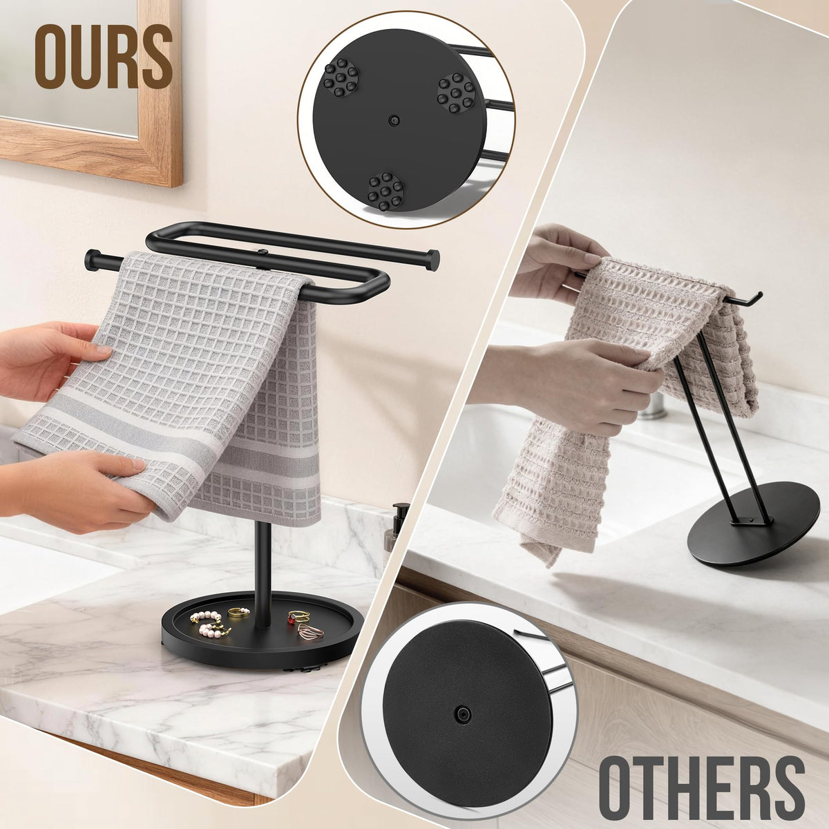 Aetyord Z-Shape Countertop Towel Holder - Height Adjustable for Bathroom/Kitchen/RV | Rustproof Metal & Wood Base Black