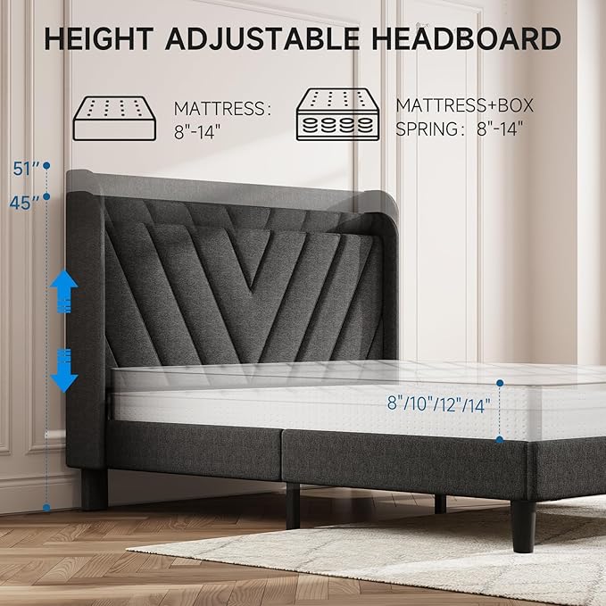 koorlian Full Size Bed Frame, Full Bed Frame with Headboard, Adjustable Upholstered Bed with Type-C&USB Port, Wingback Storage Headboard, Noiseless, No Box Spring Needed, Dark Gray