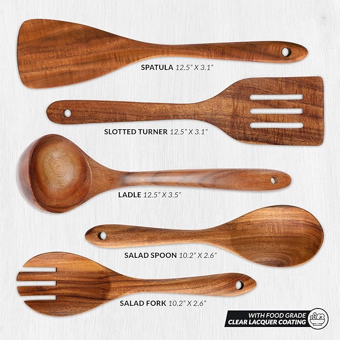 Zulay Kitchen Extra-Large 5-Piece Wooden Spoon Set - Smooth Teak Cooking Utensils - Comfort-Grip Non-Stick Turner, Spatula, Skimmer, Fork, Serving Spoon