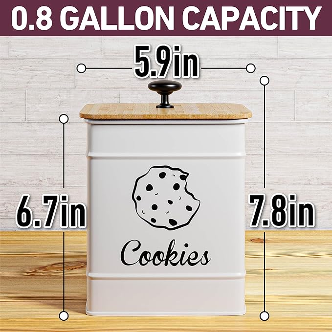Cookie Jar with Airtight Lid - 1 Gallon - 6"D x 8"H White Iron Cookie Tin with Bamboo Lid - Large Cookie Jars with Lids Airtight - Farmhouse Cookie Jars for Kitchen Counter Decorative - Cookies Jar