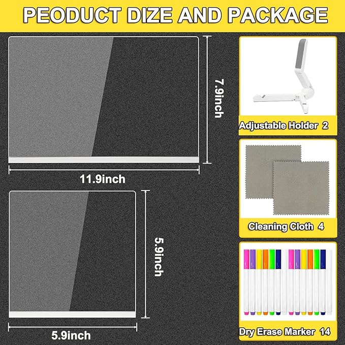 2 Set LED Note Board with Colors, Glowing Acrylic Dry Erase Board, 11.8 x 7.87 and 5.9 x 5.9 Two Sizes Illuminating Dry Erase Board with Stand, for Study, Work and Personal Creative Use
