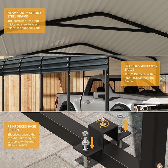 12x24FT Metal Carport Kits with Galvanized Steel Roof, Heavy Duty Metal Roof Carport with Enhanced Base, Tall MetalCarport Kits Garage for Tractors, Pickup, Boat, Car