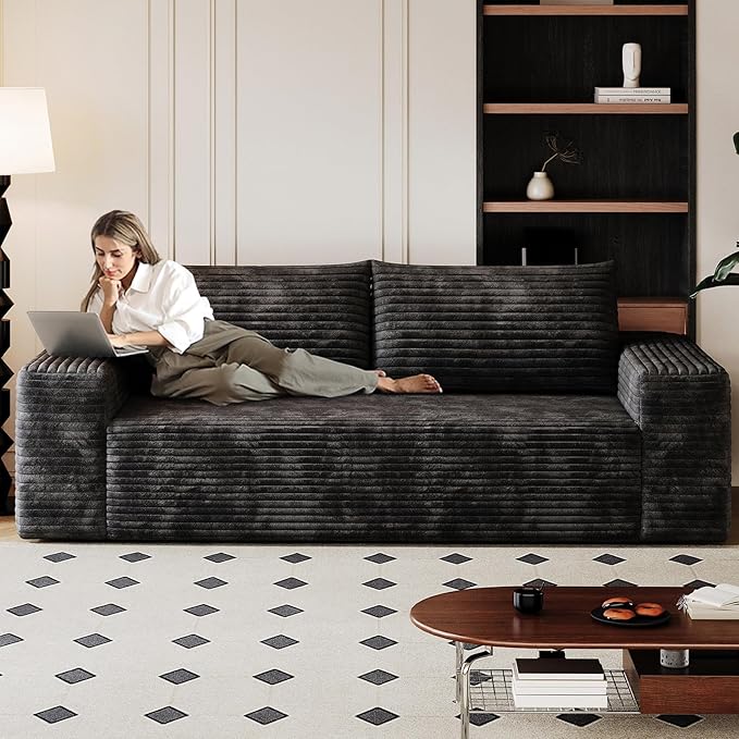 63" Boneless Loveseat Sofa - Cloud Couch with Memory Foam, Comfy Deep Seat - Corduroy Floor Sofa, No Assembly Required - Small Space Friendly for Living Room, Bedroom, Apartment, Black