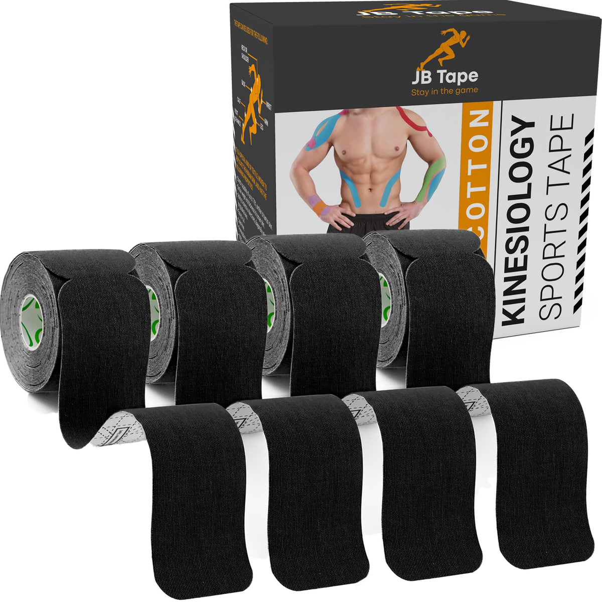 JB Tape Kinesiology Tape, Black, 80 Precut 10-Inch Strips, 4 Rolls