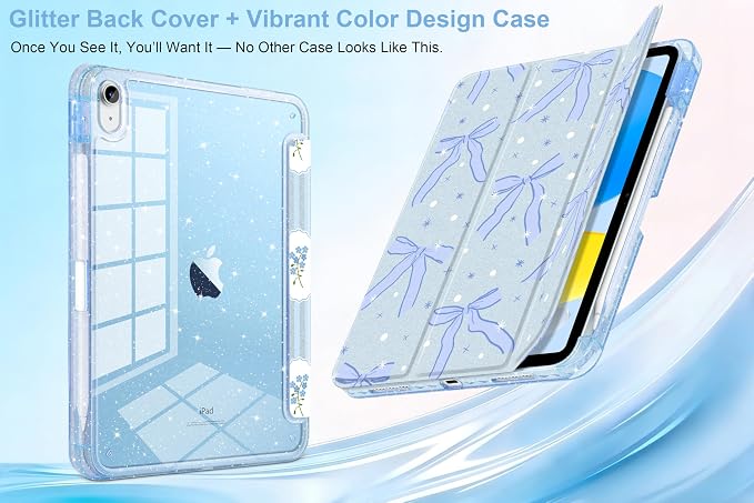 MEEgoodo Case for iPad A16 11th Generation 2025/10th Generation 2022 Glitter Tablet Cases with Transparent Acrylic Back+Trifold Stand +Pencil Holder+Auto Wake/SleepAbstract Sun &amp Palm Tree