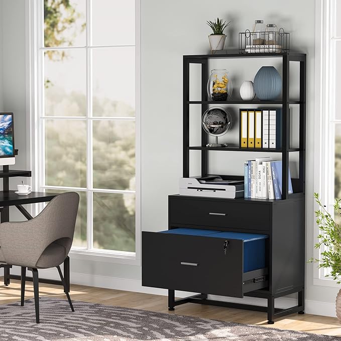 Tribesigns 2 Drawer Vertical File Cabinet with Lock & Bookshelf (Set of 2), Letter Size Large Modern Filing Cabinet Printer Stand with Open Storage Shelves for Home Office, Black