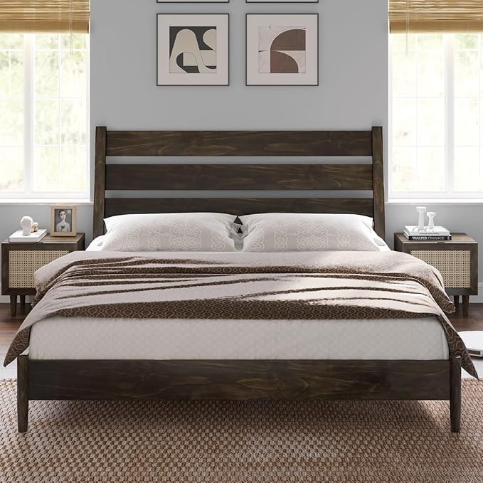 VanAcc Solid Wood King Bed Frame, Platform Bed with Reclining Slatted Headboard, Mid Century with Wood Slat Support, Dark Brown