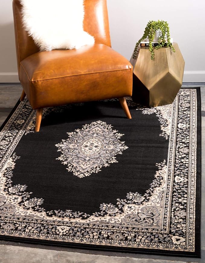 Unique Loom Reza Collection Traditional Persian Style Area Rug, 6 x 9 ft, Black/Beige