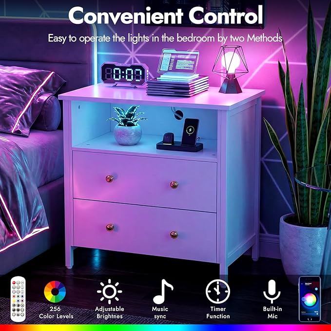 Tykacna 27 Inch Wide Night Stand, Large Wood Night Stand with 2 Drawers, LED Nightstand with Charging Station and Adjustable Drawer, Bedside Table for Living Room/Bedroom/Study/Office, White.