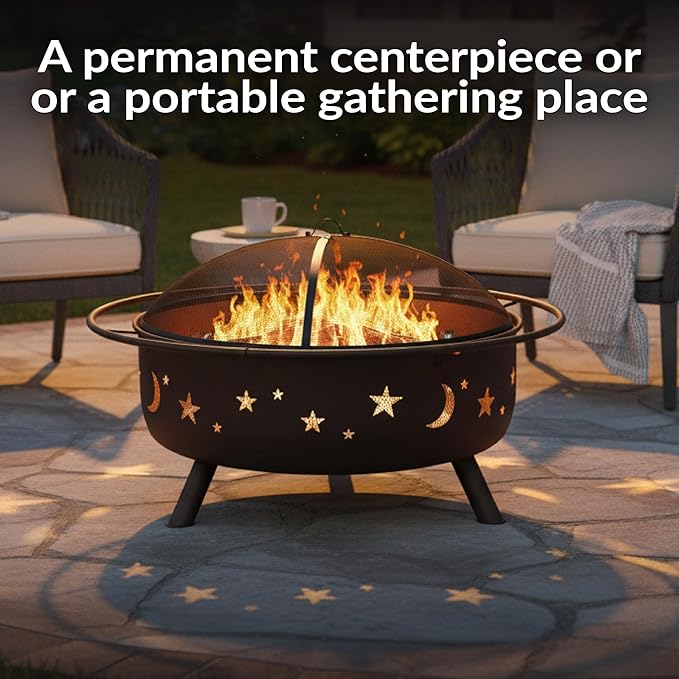 Sunnydaze Cosmic 42-Inch Large Outdoor Fire Pit - Wood-Burning Fire Pit with Round Spark Screen, Poker, and Built-in Grate