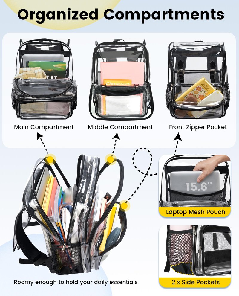 Vorspack Heavy Duty Clear Backpack - Large See Through Bookbag Transparent Backpacks for College, Work, Travel - Black