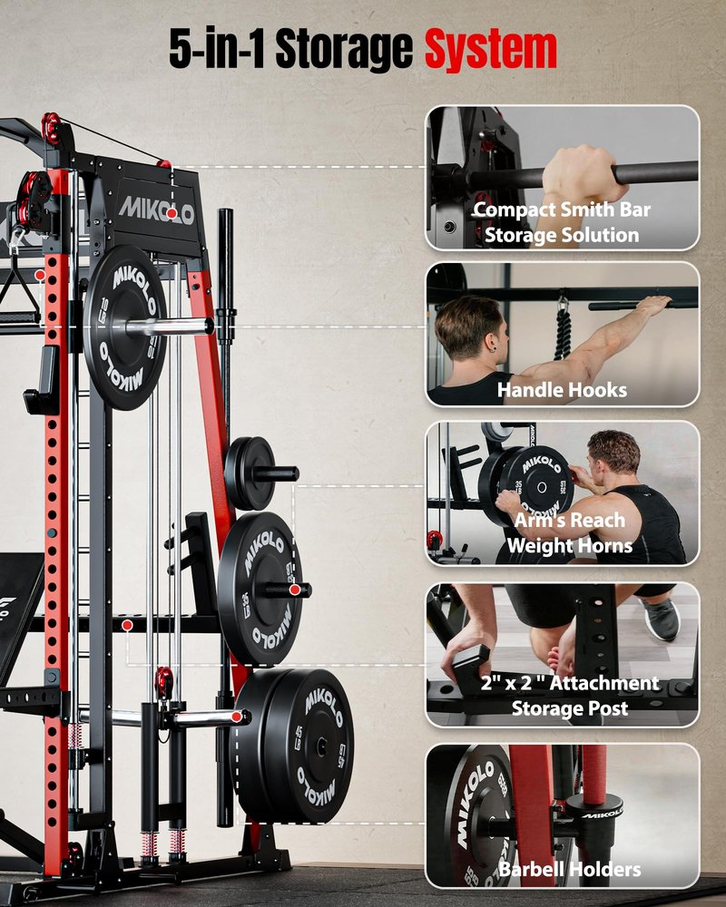 Mikolo M4 2.0 Ultra Smith Machine, Multi-Function Squat Rack with LAT-Pull Down System & Cable Crossover Machine, Training Equipment with Leg Hold-Down Attachment, Red