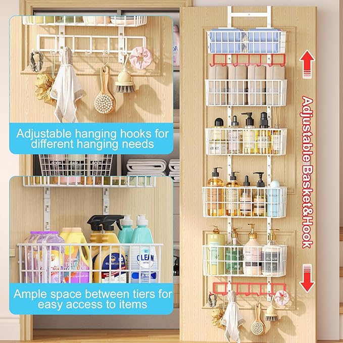 Hongtamoya Over The Door Organizer, Hanging Door Organizer with 5 Metal Baskets, Behind The Door Storage for Pantry Closet Bedroom Bathroom Cabinet Kitchen, White