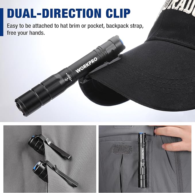 WORKPRO Rechargeable Pen Light 2 Pack Ultra-Compact EDC Flashlight Black | Mini Flashlight Pocket Flashlight with Clip Memory Function and 2 x USB C Cable Included
