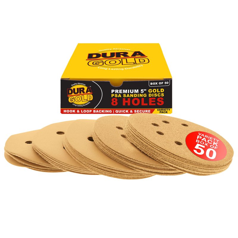 Dura-Gold Premium - Variety Pack - 5" Gold Sanding Discs - 8-Hole Dustless Hook and Loop - 10 Each of Grit (60, 80, 120, 220, 320) - Box of 50 Sandpaper Finishing Discs for Woodworking or Automotive