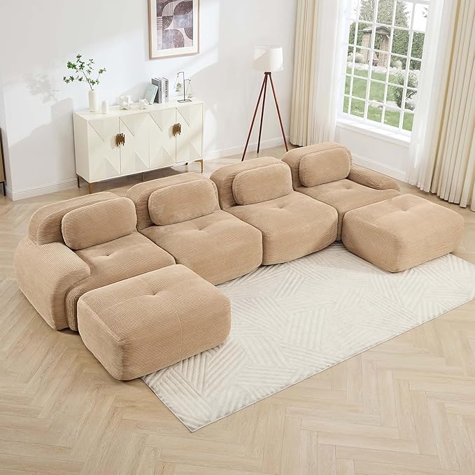Camel Ottoman for Modular Sectional Sofa, Corduroy Deep Seat for Oversized Compressed Boneless Sectional Couches for Living Room Bedroom Apartment, Cloud Sofa Couch Set, Memory Foam, No Assembly