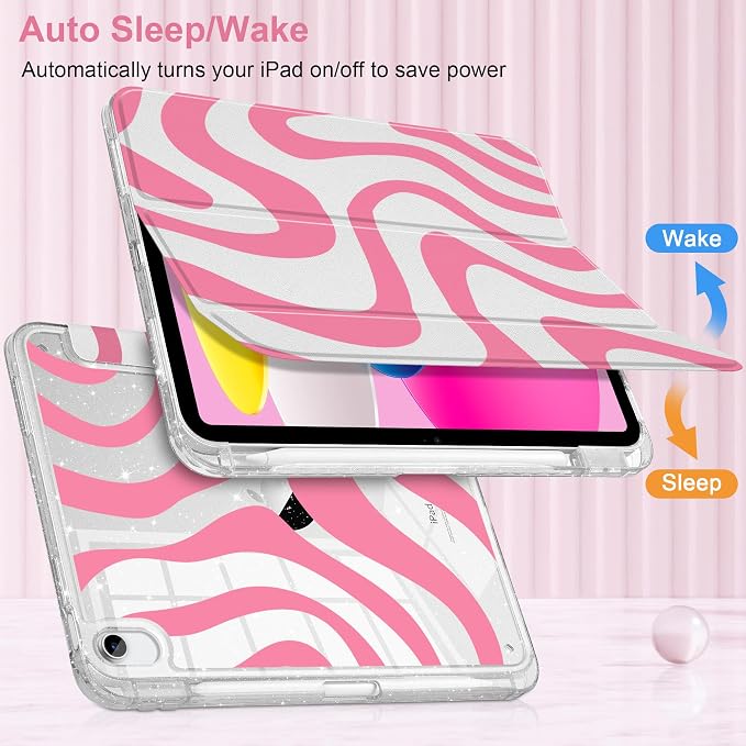MEEgoodo Case for iPad A16 11th Generation 2025/10th Generation 2022 Glitter Tablet Cases with Transparent Acrylic Back+Trifold Stand +Pencil Holder+Auto Wake/SleepAbstract Sun &amp Palm Tree