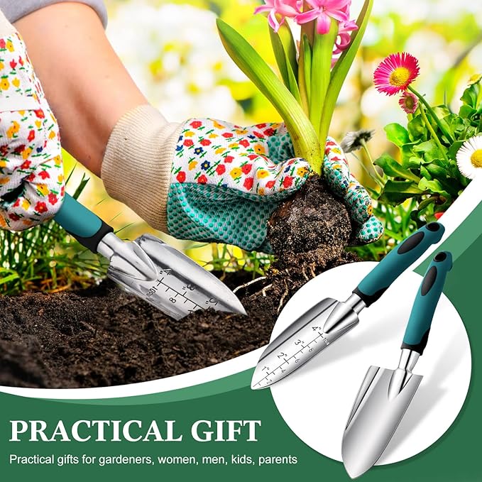Honoson Garden Hand Trowel Transplant Trowel with Measurements Aluminum Alloy Planting Tools with Rubber Handle Small Gardening Hand Tools Shovels for Gardening Cultivating Transplanting Supplies