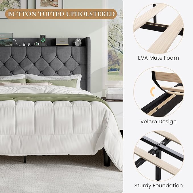 SHA CERLIN King Size Platform Bed Frame with Charging Station, Velvet Wingback Headboard with Storage Shelf, Wooden Slats Support, Ample Under-Bed Space, No Box Spring Needed, Easy Assembly, Dark Grey
